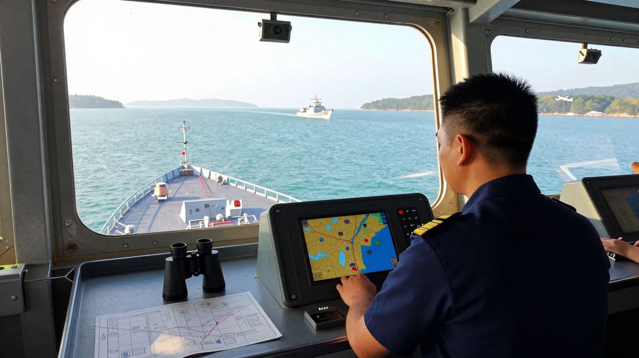 Homem em uniforme naval navegando barco com mapas e instrumentos de navegação eletrônica à frente.