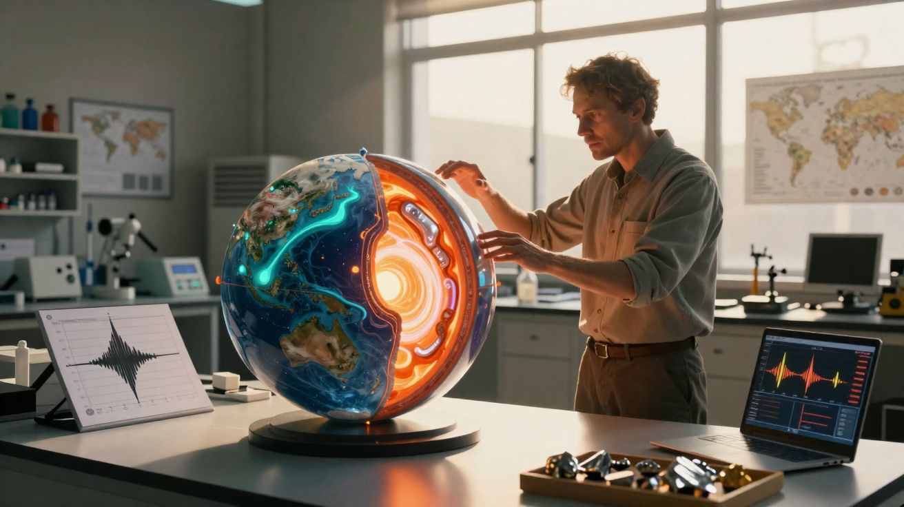 Homem em laboratório analisando globo terrestre cortado que mostra camadas internas da Terra.