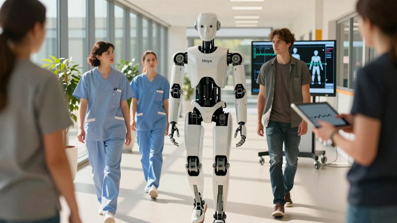 Robô humanóide andando em corredor de hospital acompanhado de profissionais de saúde e estudante.