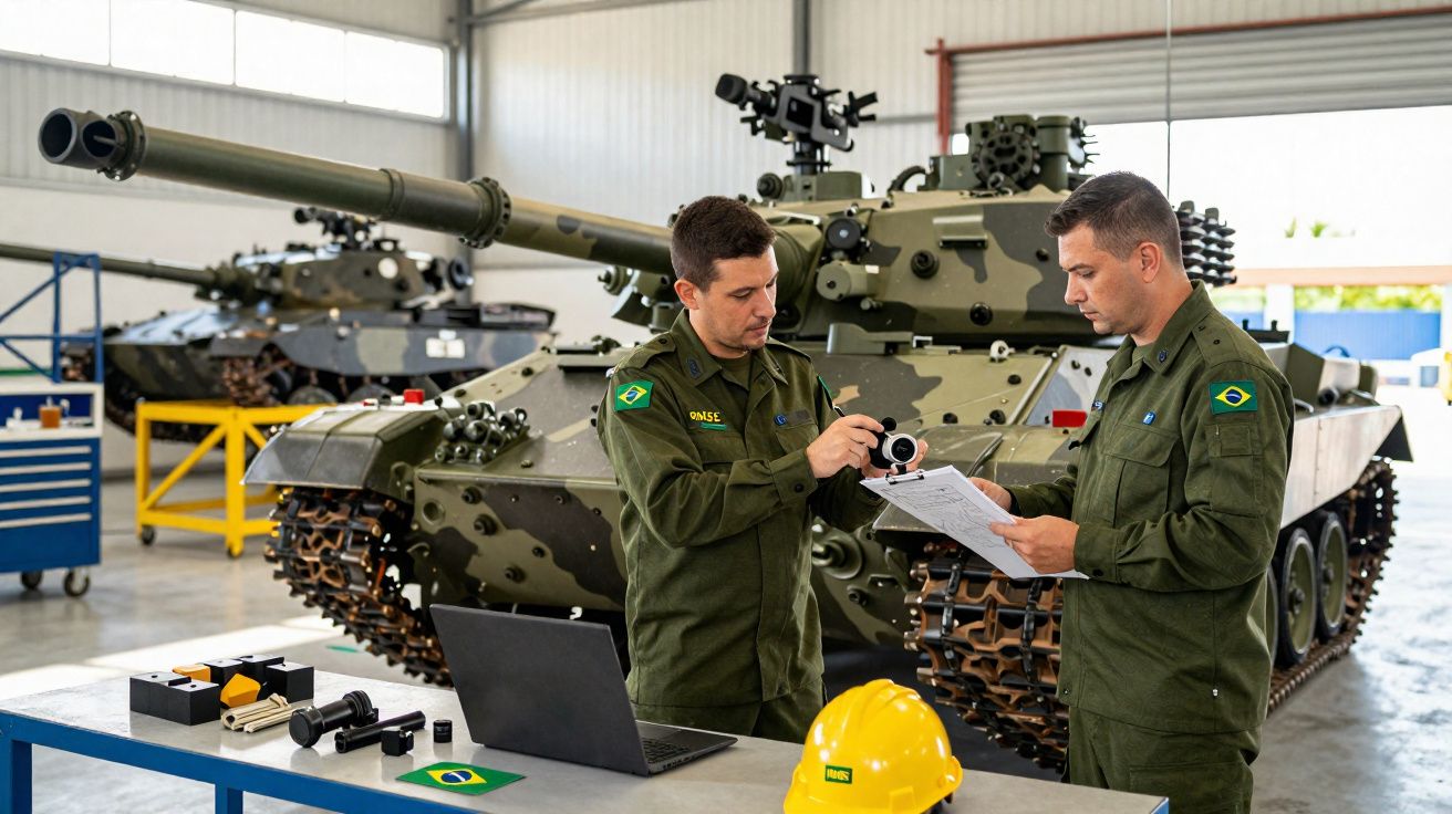 Dois militares brasileiros analisam peça técnica em oficina com tanques de guerra ao fundo e mesa de trabalho.