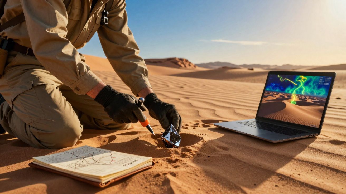 Pesquisador em roupa de proteção analisa amostra de areia no deserto com laptop e caderno ao lado.