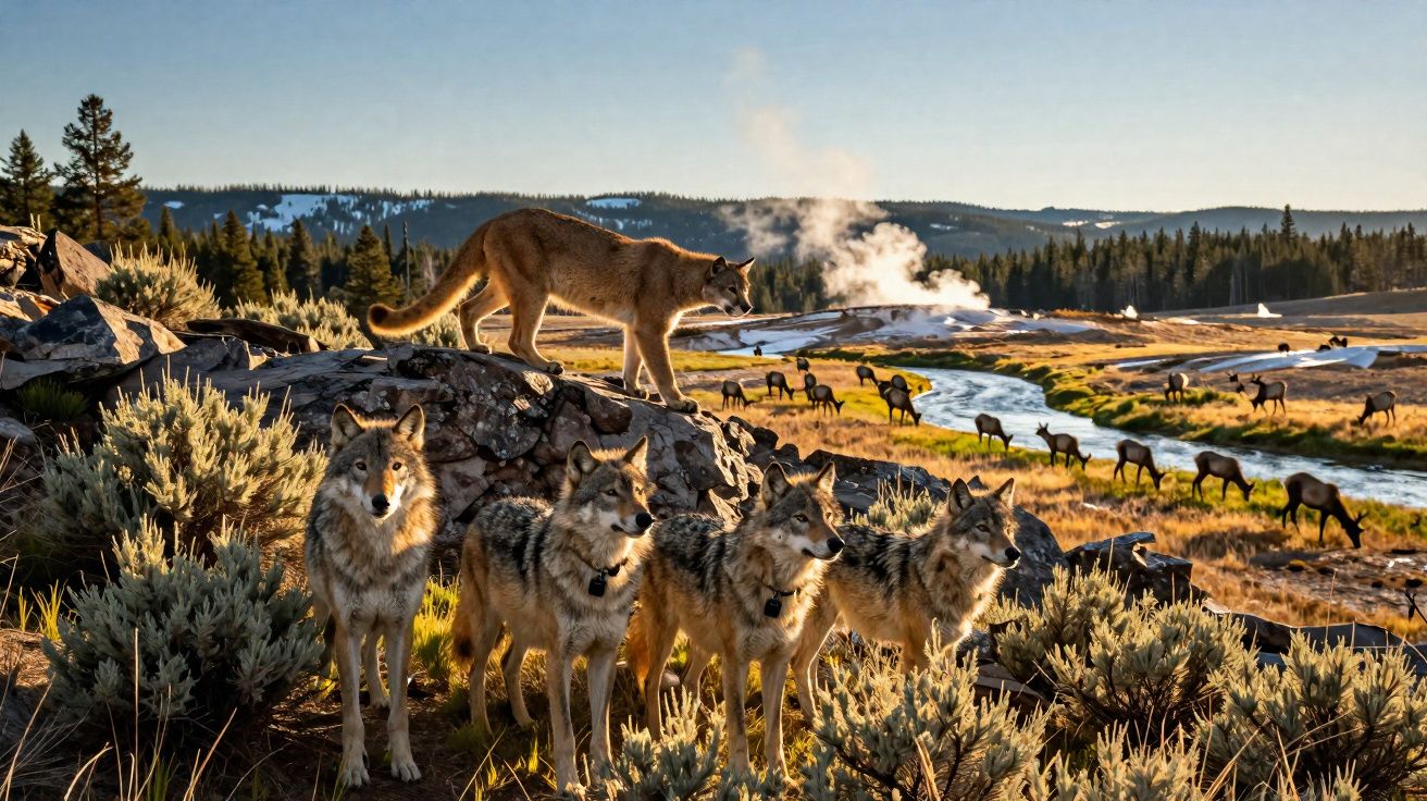 Lobo e puma entre vegetação em área selvagem com cervos e rio ao fundo ao pôr do sol.