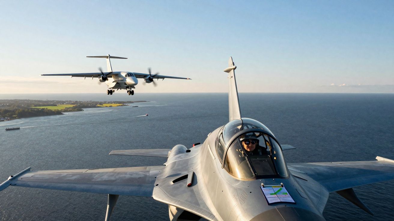 Dois aviões militares voando sobre o mar, com piloto visível na cabine do caça à frente.