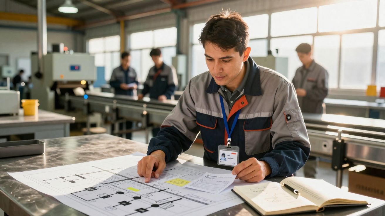 Homem analisando projeto técnico em mesa dentro de fábrica com outros trabalhadores ao fundo.
