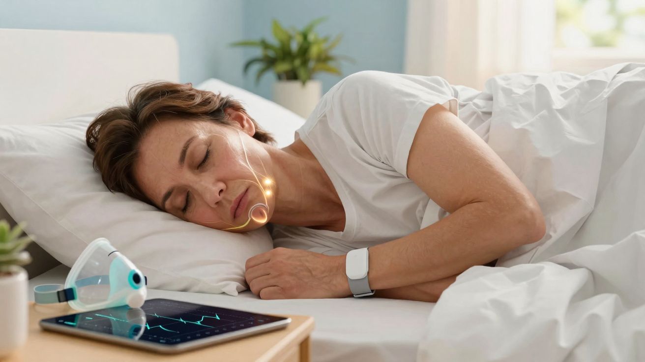 Mulher dormindo de lado com dispositivo eletrônico monitorando sinais vitais em tablet ao lado da cama.