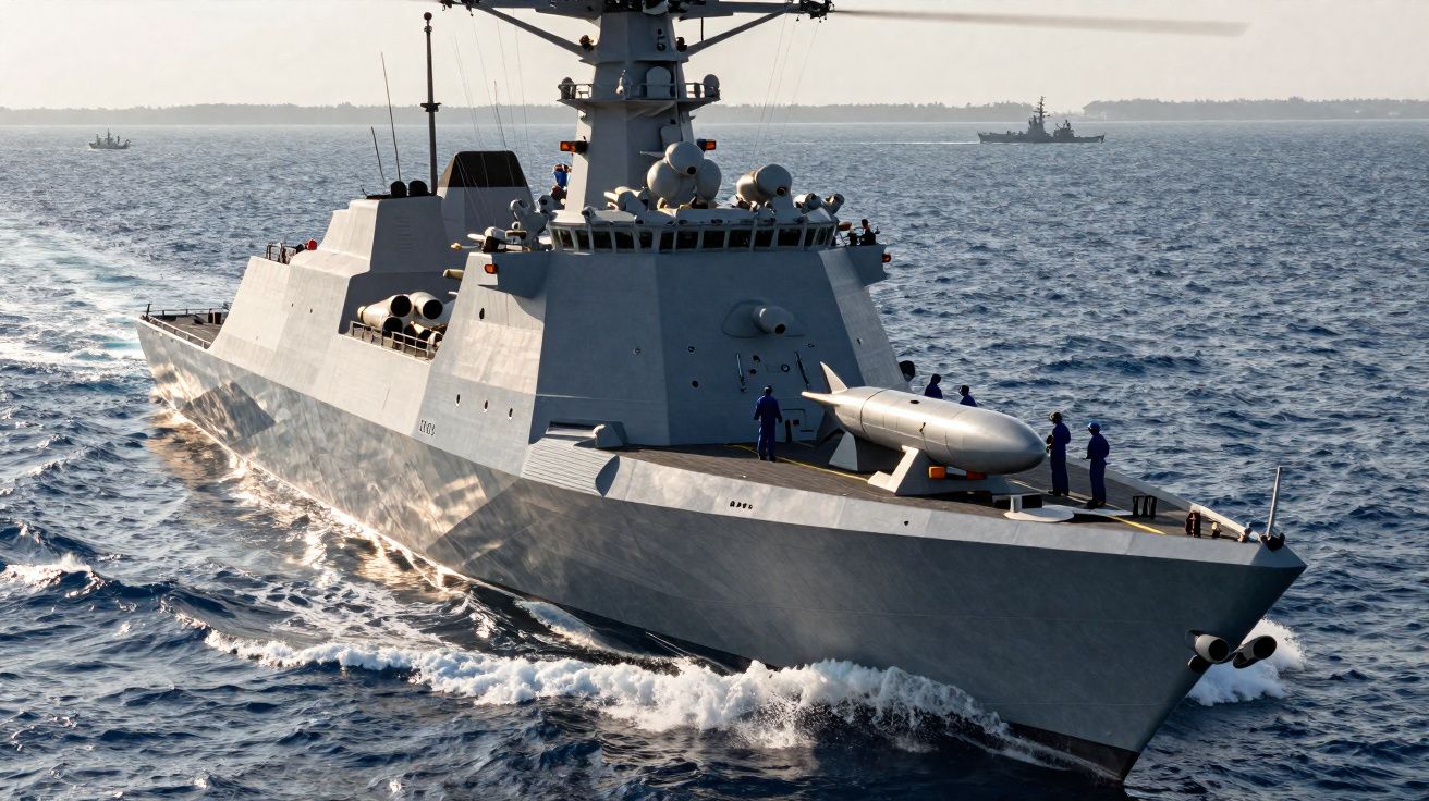 Navio de guerra cinza com tripulação na proa navegando no mar durante o dia.