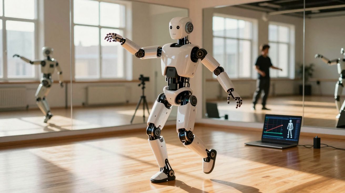 Robô humanóide dançando em estúdio com parede de espelho e laptop ao fundo exibindo dados.