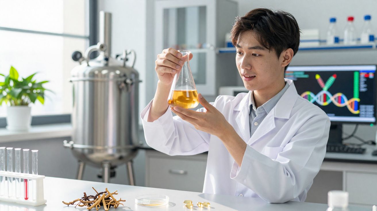 Cientista analisando líquido amarelo em frasco em laboratório com equipamentos e tela de DNA ao fundo.