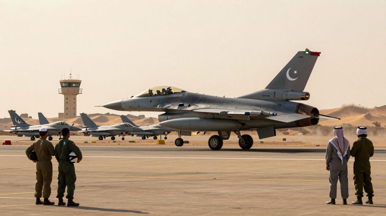 Caça F-16 paquistanês taxiando em pista de aeroporto desértico com militares observando ao redor.