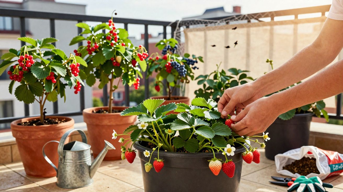 Pessoa colhendo morangos em vasos na varanda ensolarada com regador e luvas ao lado.