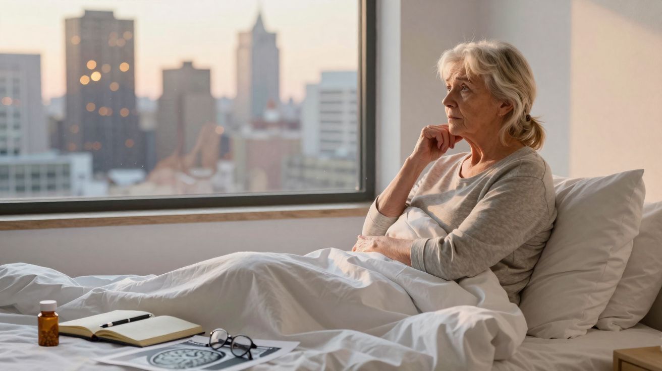 Mulher idosa pensativa sentada na cama ao lado de janela com vista urbana ao entardecer.