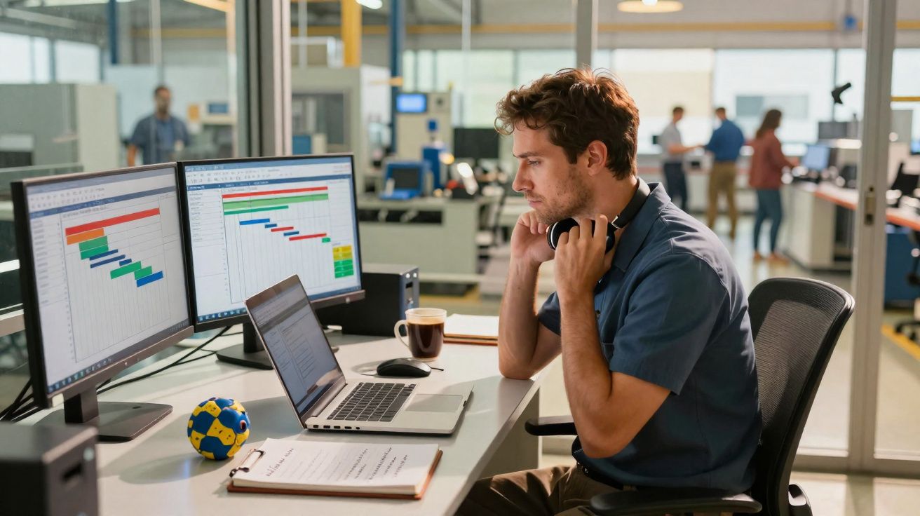 Homem trabalhando em escritório moderno com múltiplas telas exibindo gráficos coloridos.