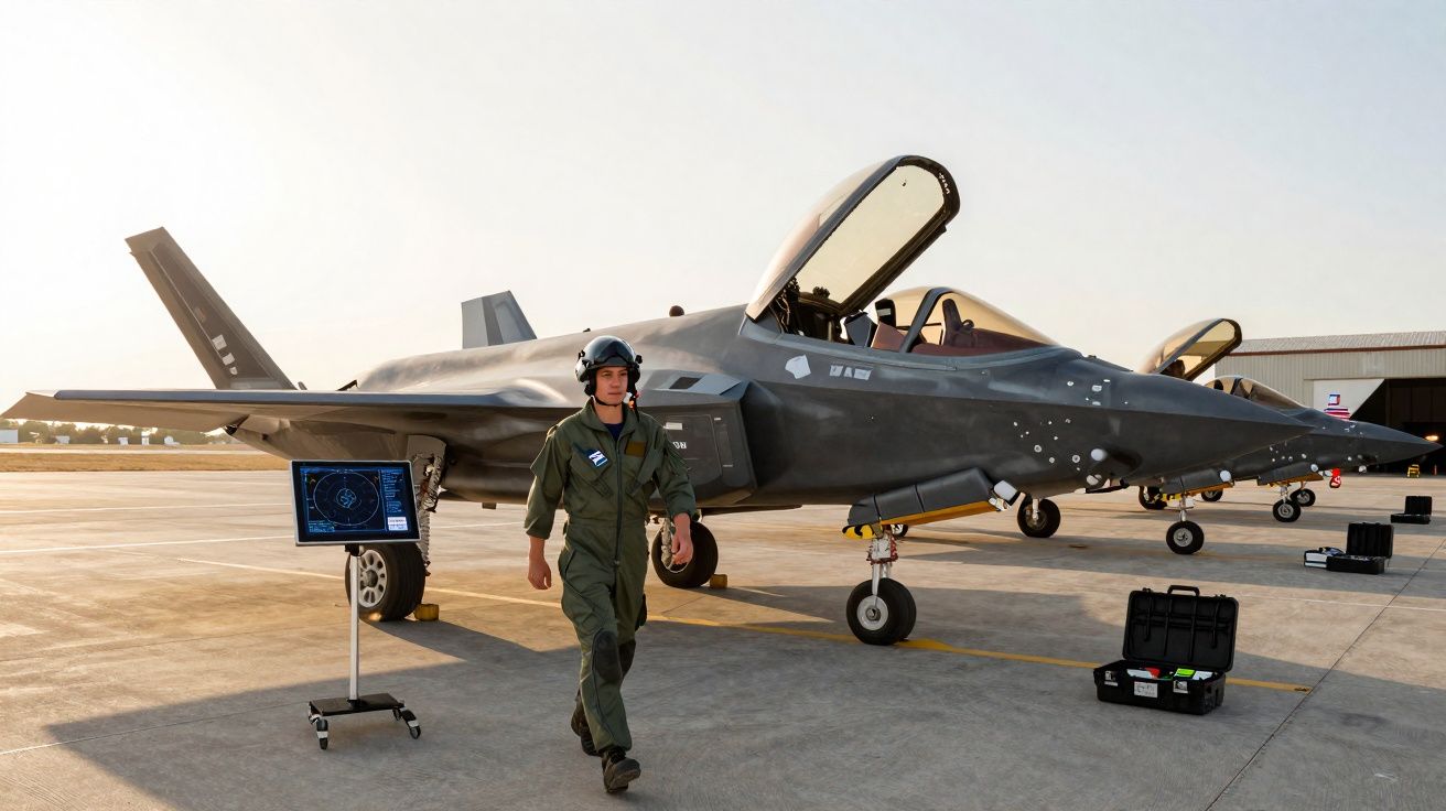 Piloto militar com capacete caminha perto de caça furtivo estacionado em pista de aeroporto ao amanhecer.