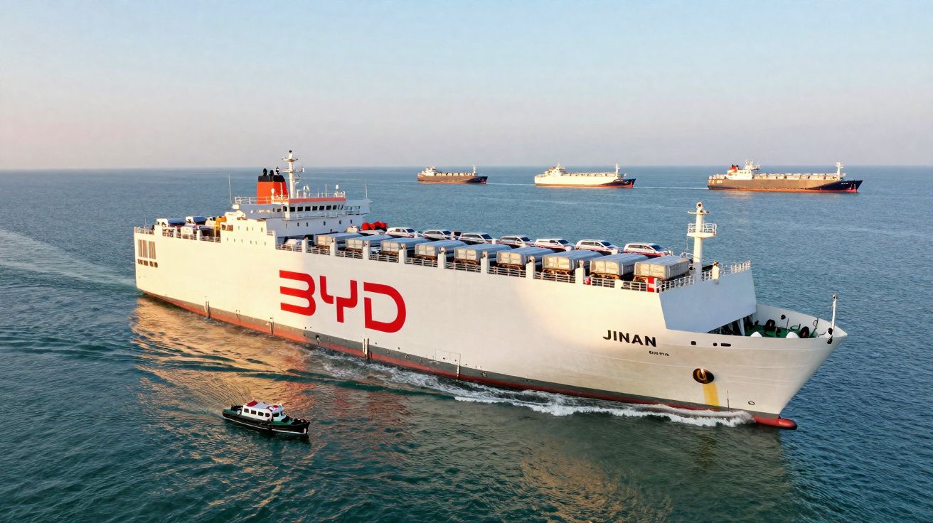 Navio cargueiro BYD Jinan transportando carros sobre o mar com outros navios ao fundo.
