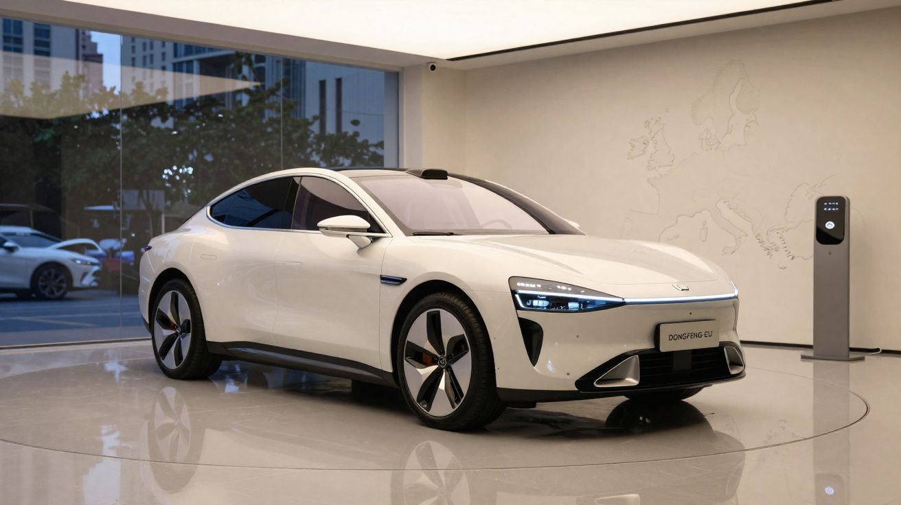 Carro elétrico branco Dongfeng EU em sala moderna com piso brilhante e estação de carregamento.