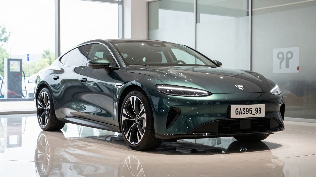 Carro elétrico esportivo verde escuro exibido em showroom com iluminação refletida no chão brilhante.