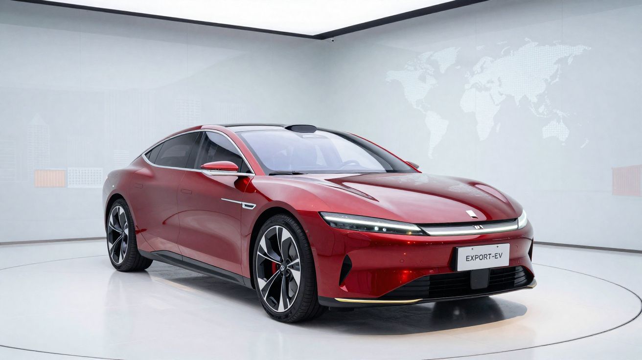 Carro esportivo elétrico vermelho em ambiente interno minimalista com mapa-múndi ao fundo.