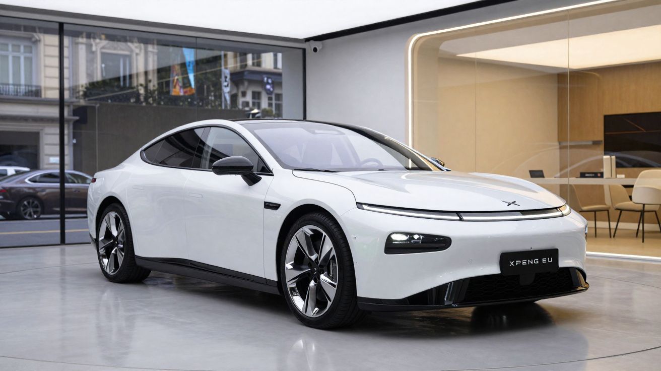 Carro elétrico branco XPeng EU estacionado em showroom moderno com vidros e iluminação amarela.
