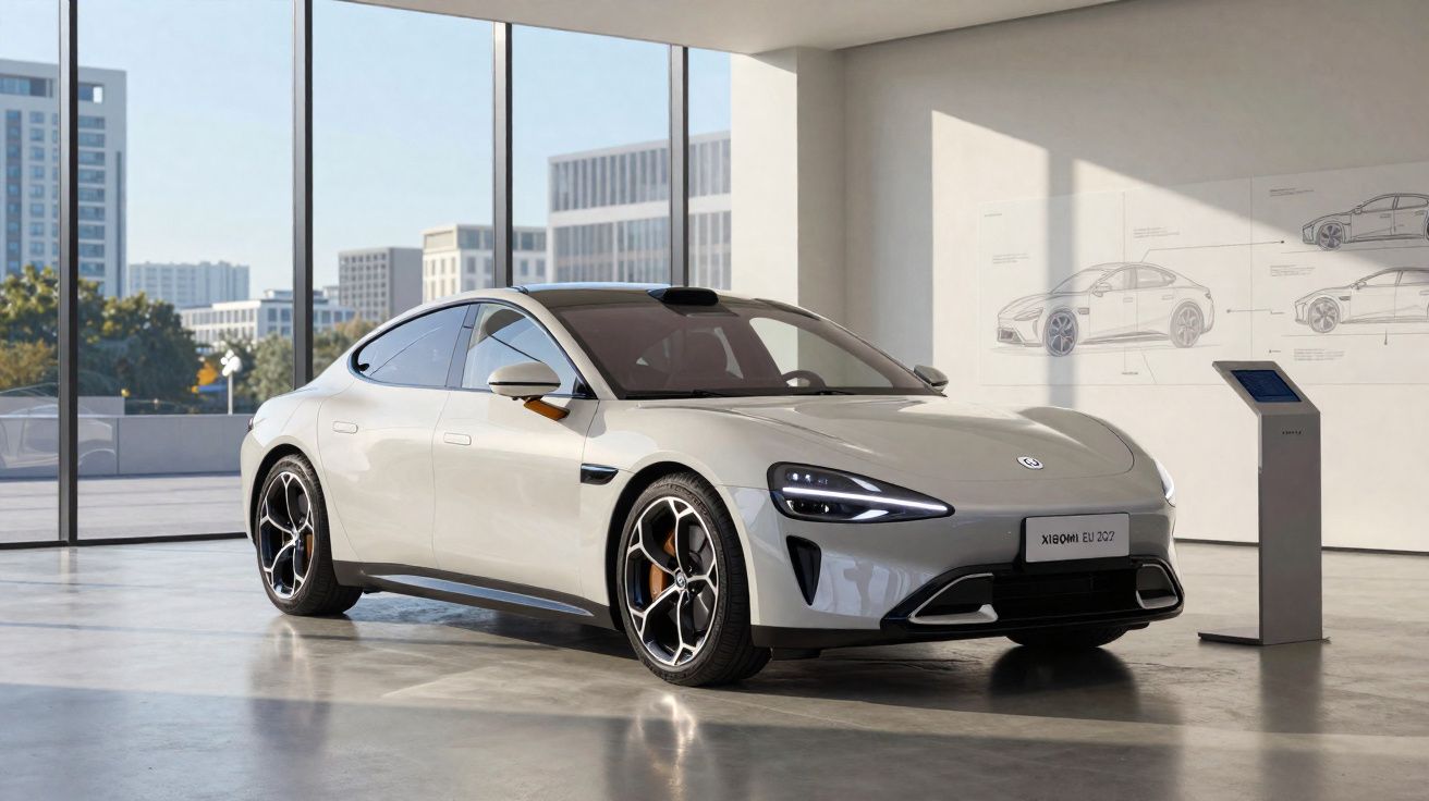Carro cinza claro elétrico da Xiaomi modelo EL7 2027 exibido em showroom moderno com janelas grandes.