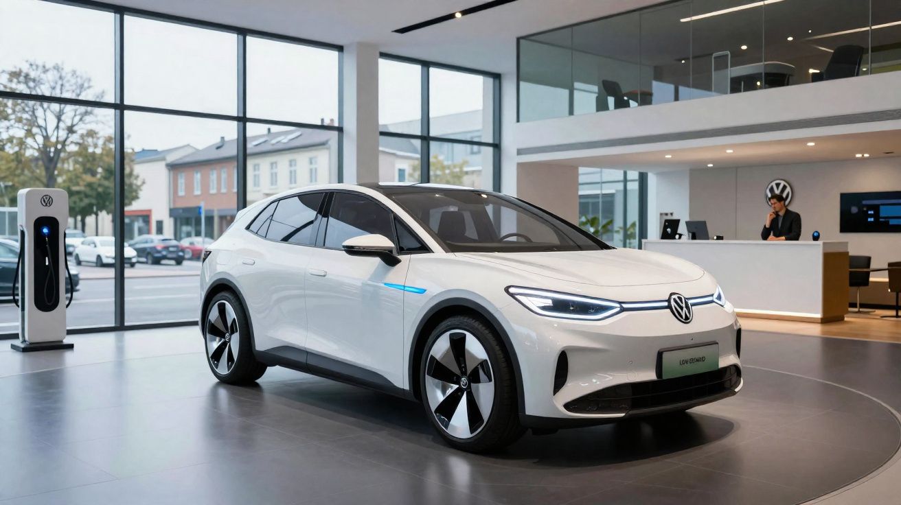 Carro elétrico branco Volkswagen ID.4 em showroom moderno com estação de carregamento ao lado.