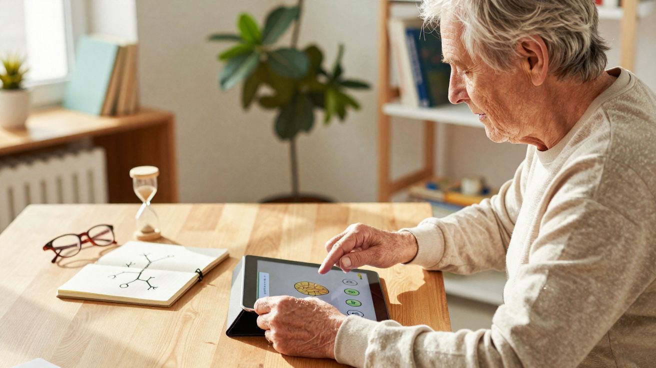 Idoso usando tablet para exercício mental em mesa com livro, ampulheta e óculos ao lado.