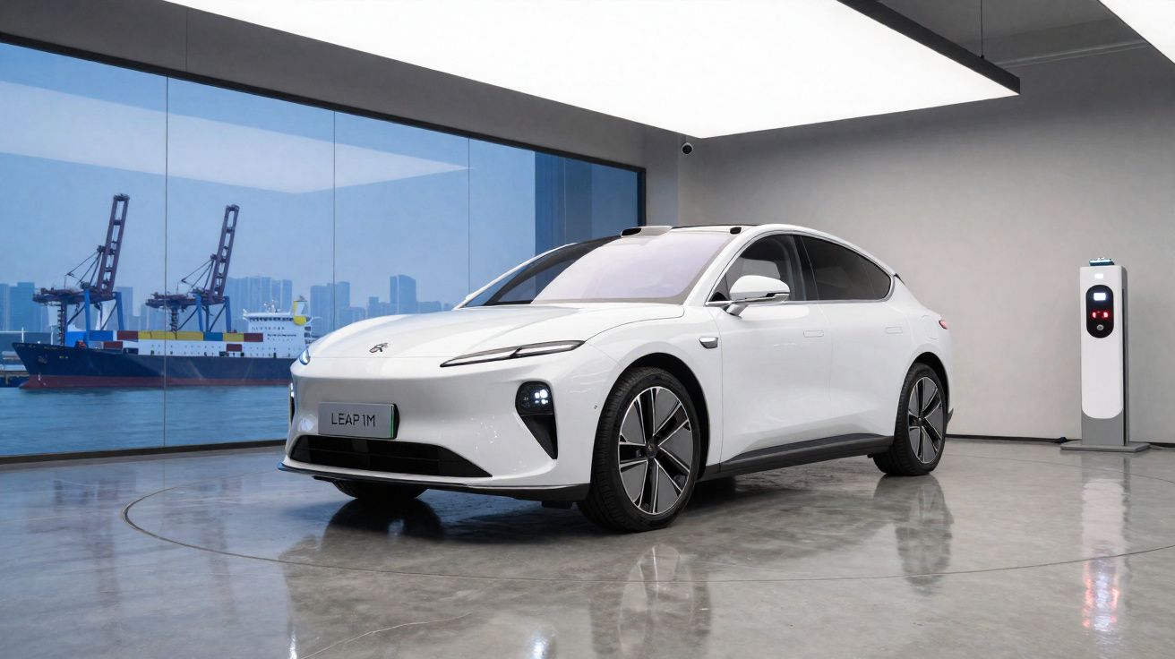 Carro elétrico branco estacionado em ambiente moderno com parede de vidro e estação de recarga ao lado.