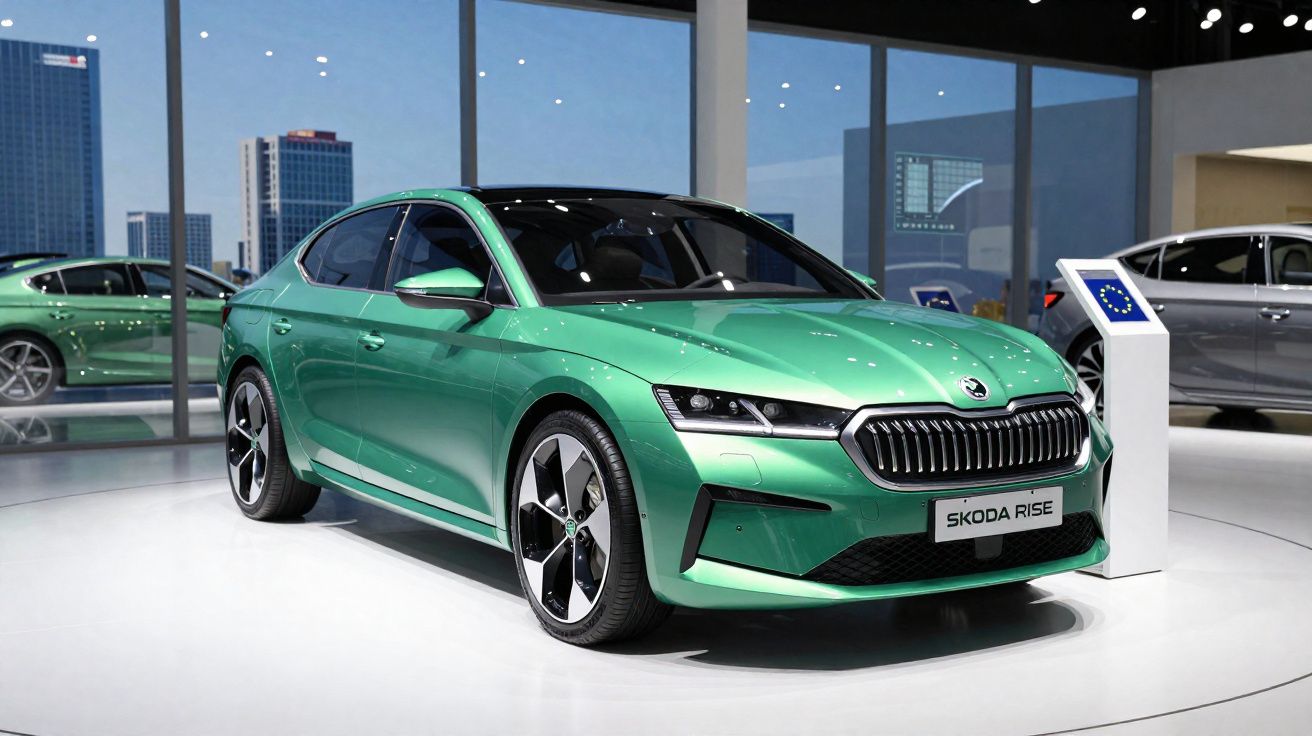 Carro verde Skoda Rise exposto em salão de automóveis com destaque para design moderno e rodas esportivas.