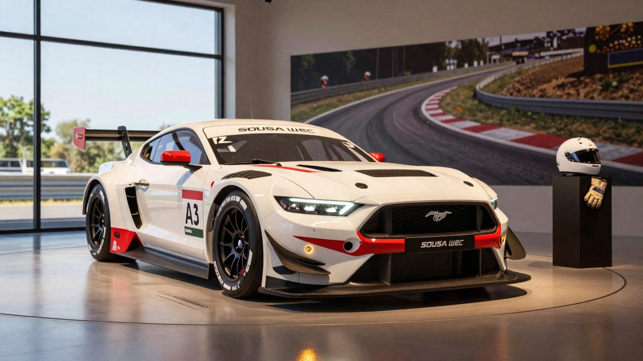 Carro de corrida branco com detalhes vermelhos exposto em ambiente interno com capacete e luvas ao lado.