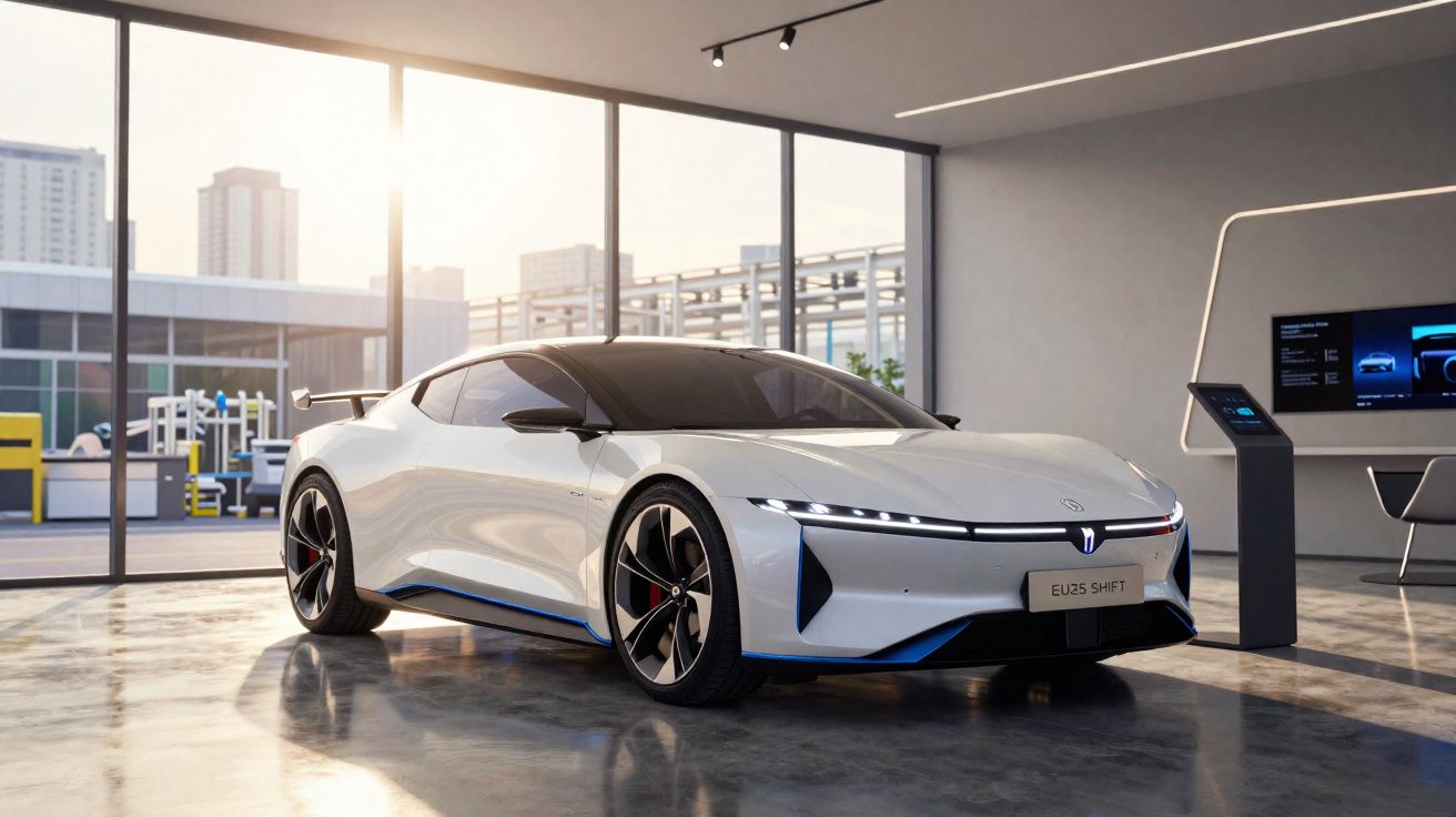 Carro esportivo elétrico branco, modelo EUZS SHIFT, em showroom moderno com grandes janelas e piso de concreto polido.