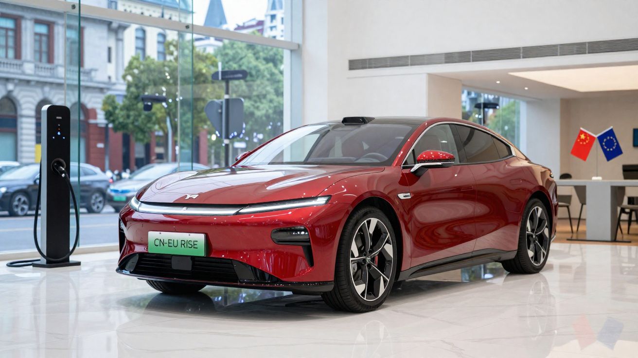 Carro elétrico vermelho plugado em estação de recarga dentro de showroom moderno.