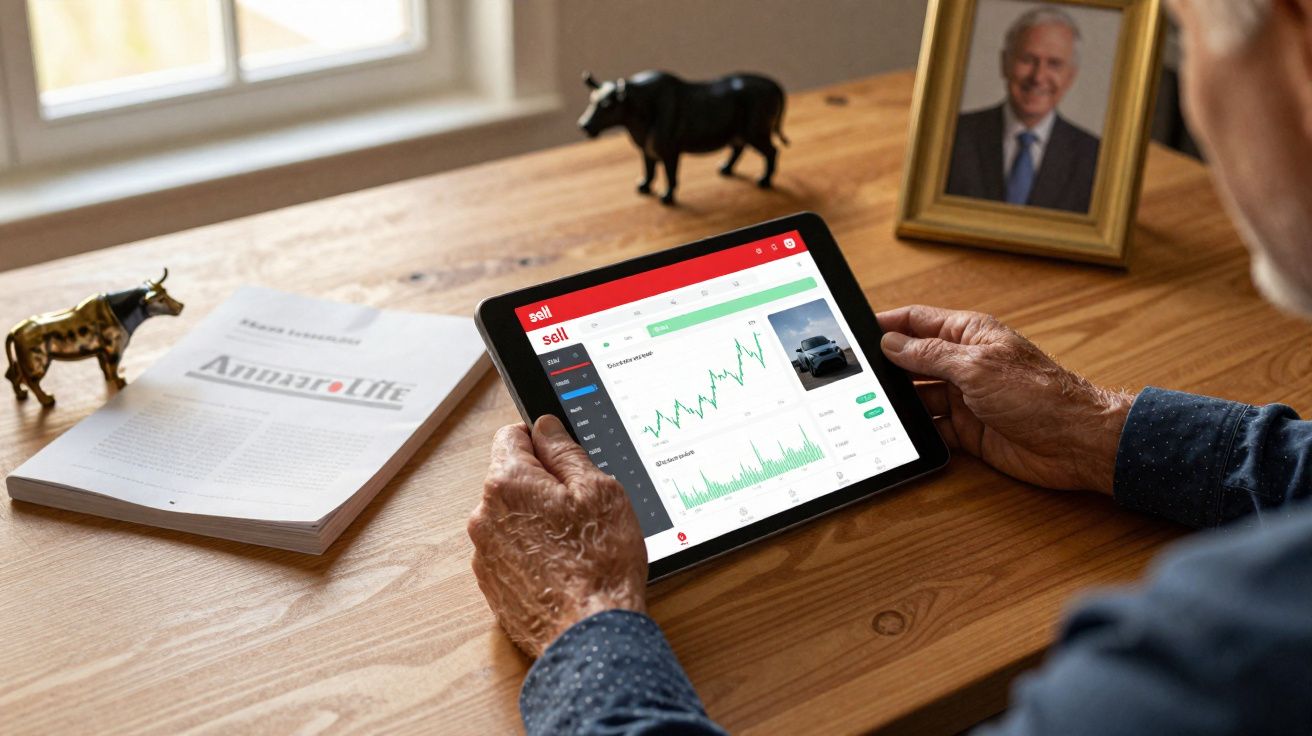 Pessoa idosa segurando tablet com gráficos financeiros em mesa de madeira, ao lado de revista e miniaturas de touros.