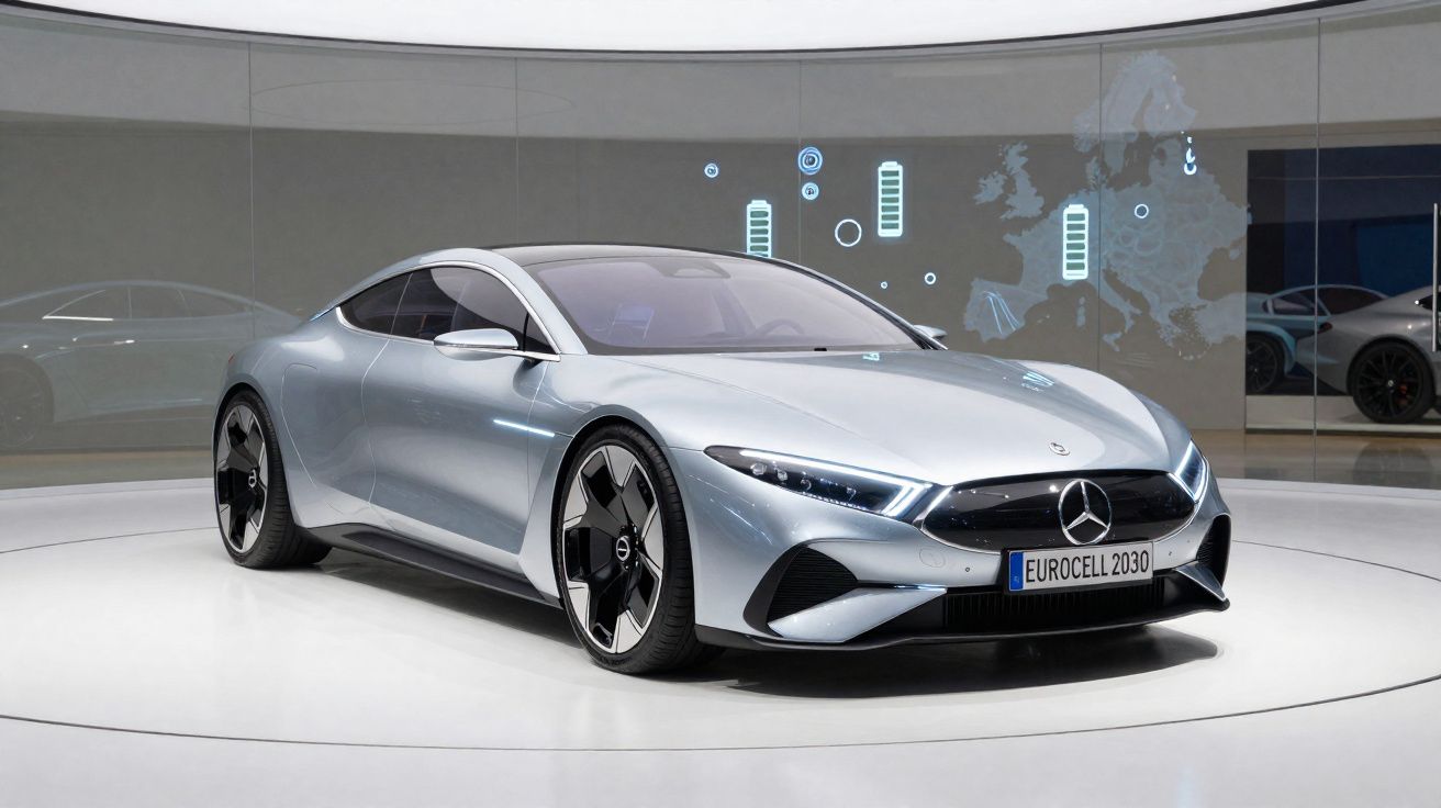 Carro elétrico conceitual Mercedes-Benz prata em exposição, com design futurista aerodinâmico.