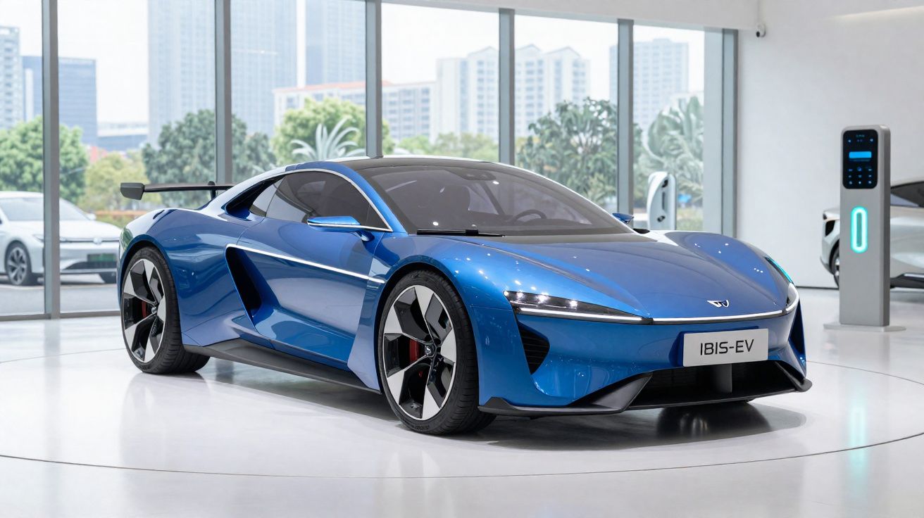 Carro esportivo elétrico azul IBIS-EV em exposição com estação de recarga ao fundo.