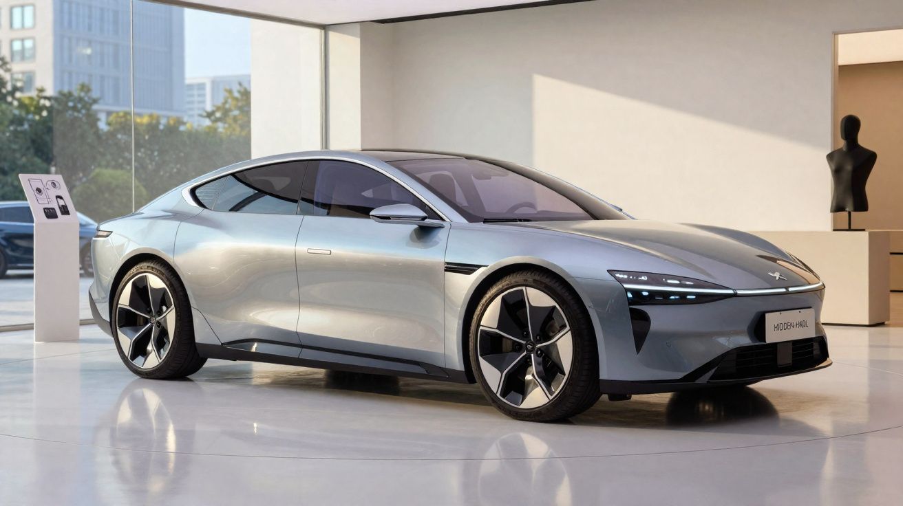 Carro elétrico prateado de design futurista exibido em showroom moderno com grande janela e estátua preta.