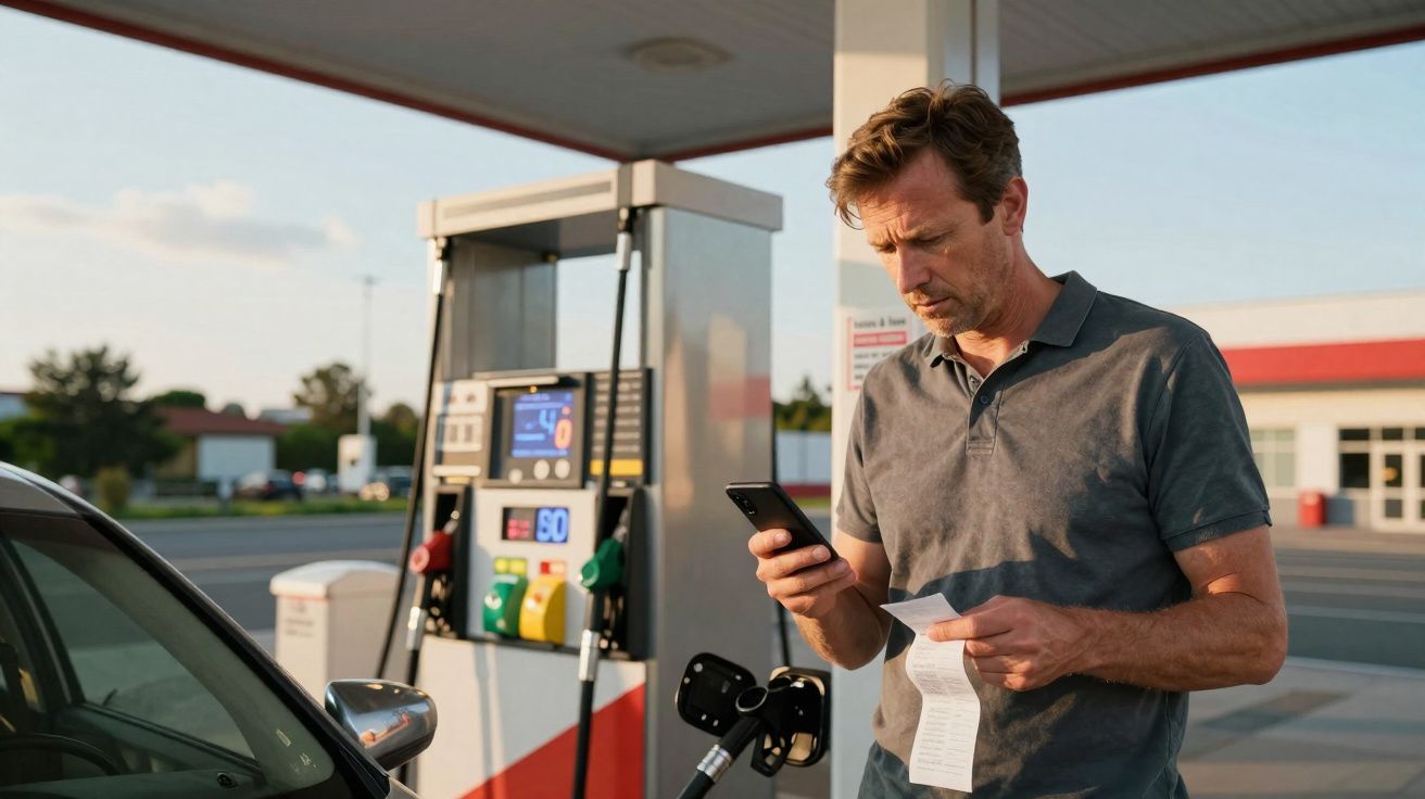 Homem em posto de combustível consultando recibo de abastecimento enquanto segura celular.
