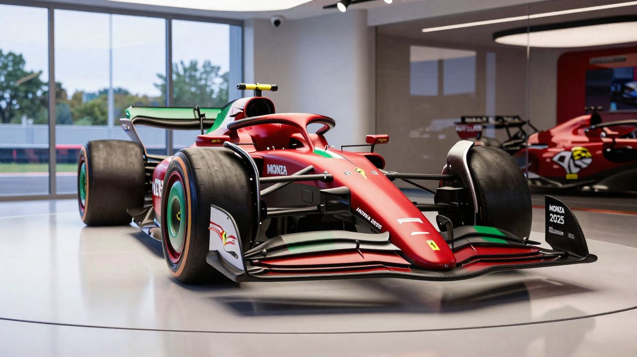 Carro de Fórmula 1 vermelho com detalhes verdes exibido em ambiente interno moderno e iluminado.