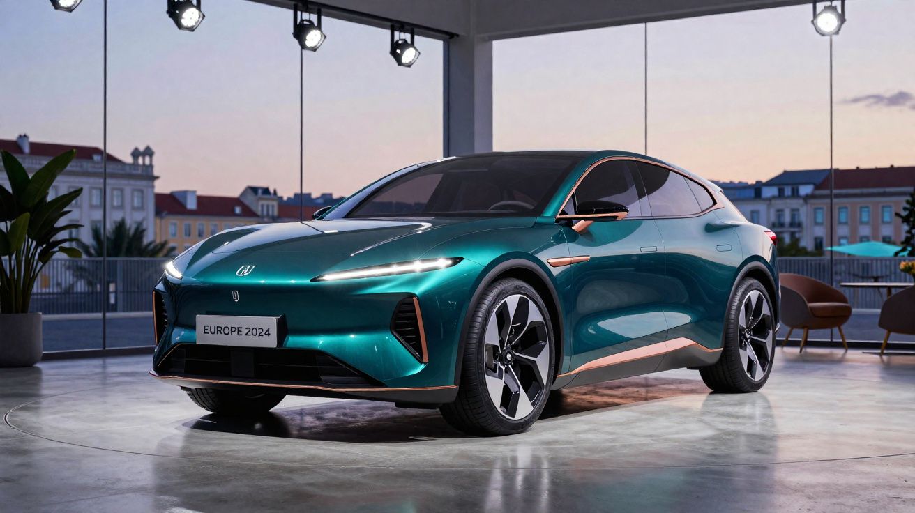 Carro elétrico verde metálico exposto em sala moderna com janelas grandes e iluminação focada no veículo.