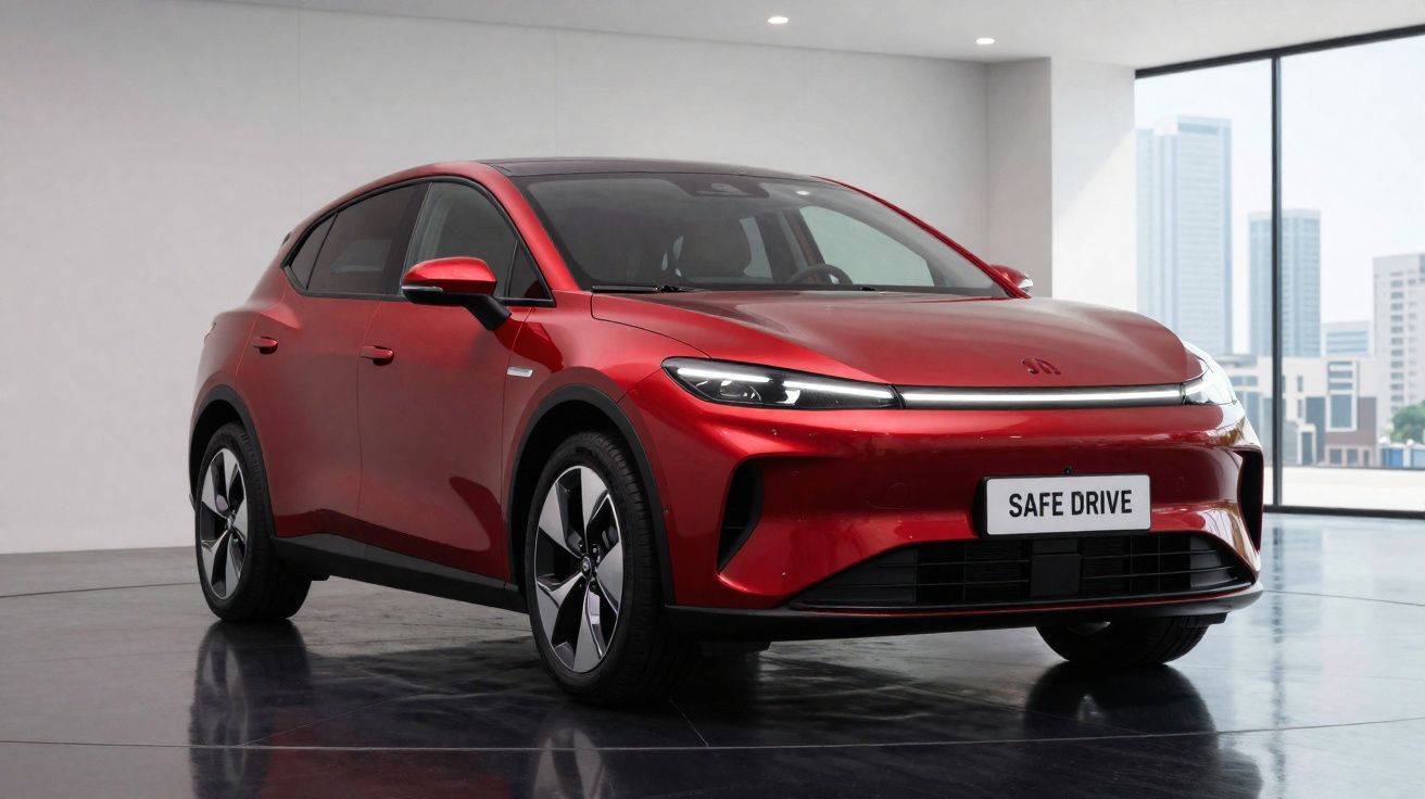 Carro elétrico vermelho moderno estacionado em ambiente interno com vista para edifícios pela janela.