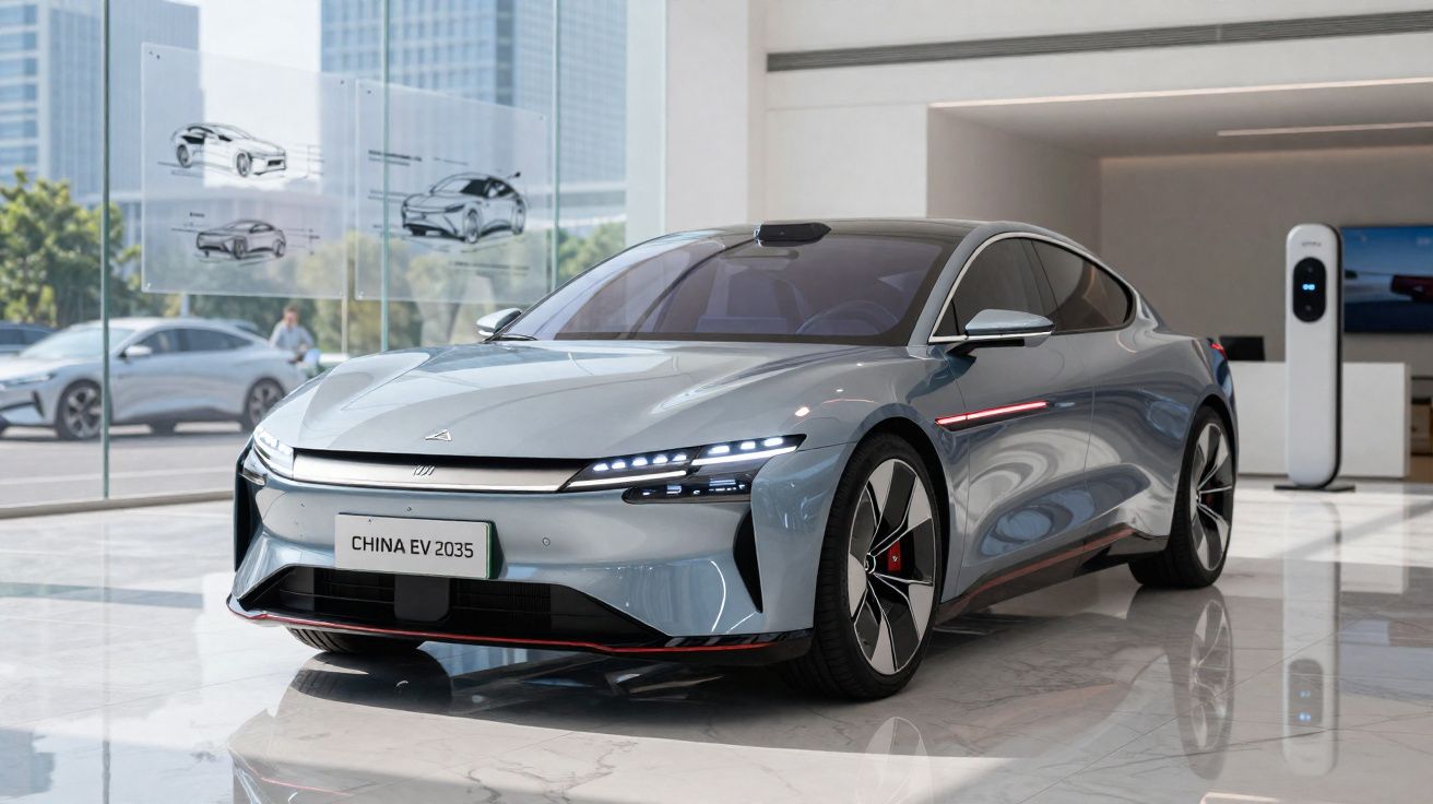 Carro elétrico moderno cinza estacionado em showroom com carregador de bateria ao fundo.