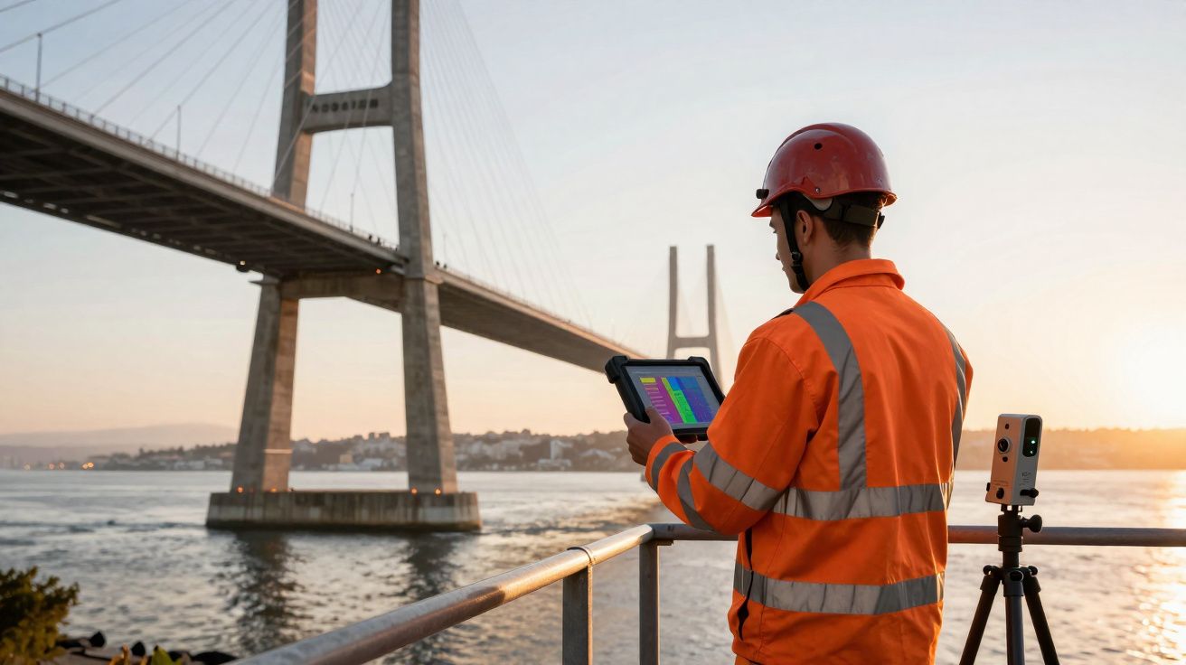 Engenheiro de segurança em roupa laranja com tablet inspeciona ponte ao pôr do sol.