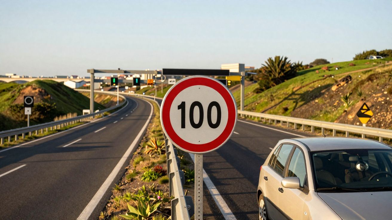 Placa de limite de velocidade 100 km/h em estrada com carro estacionado no acostamento à direita.