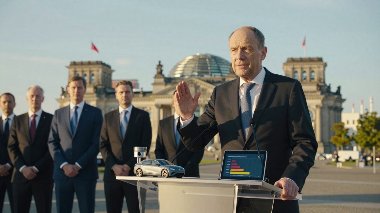 Homem falando em púlpito com gráficos e carro em miniatura, com prédio histórico ao fundo e outras pessoas atrás.