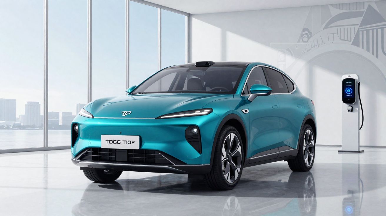 Carro elétrico azul estacionado em ambiente interno com carregador elétrico ao fundo.