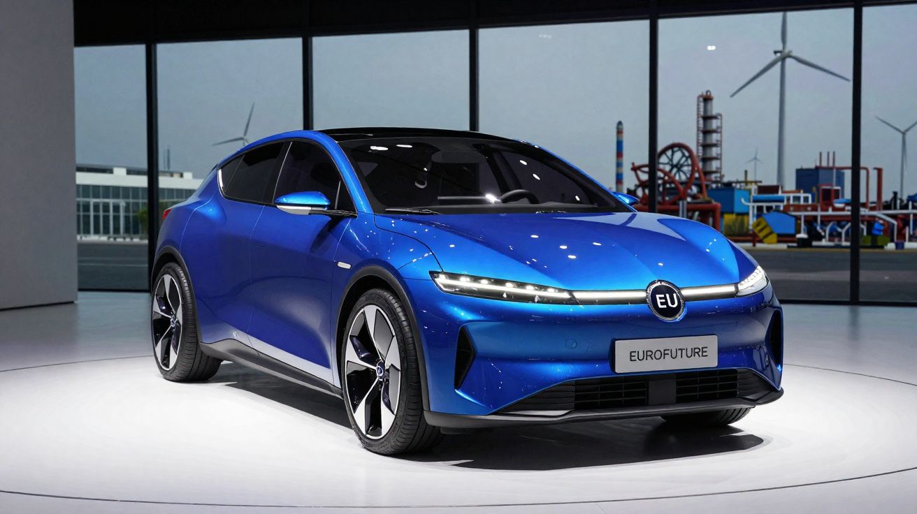 Carro elétrico azul Eurofuture exibido em ambiente moderno com turbinas eólicas ao fundo.