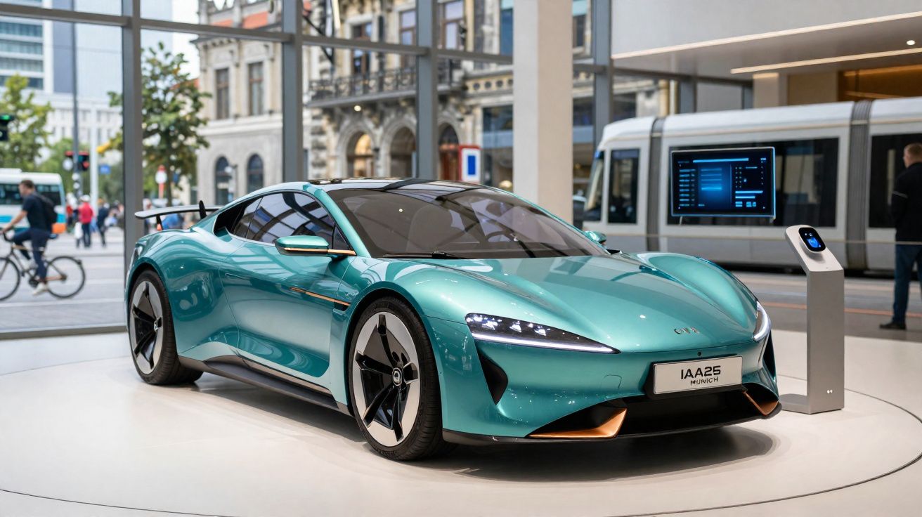 Carro esportivo elétrico verde em exposição com painel de controle digital ao lado em ambiente moderno.