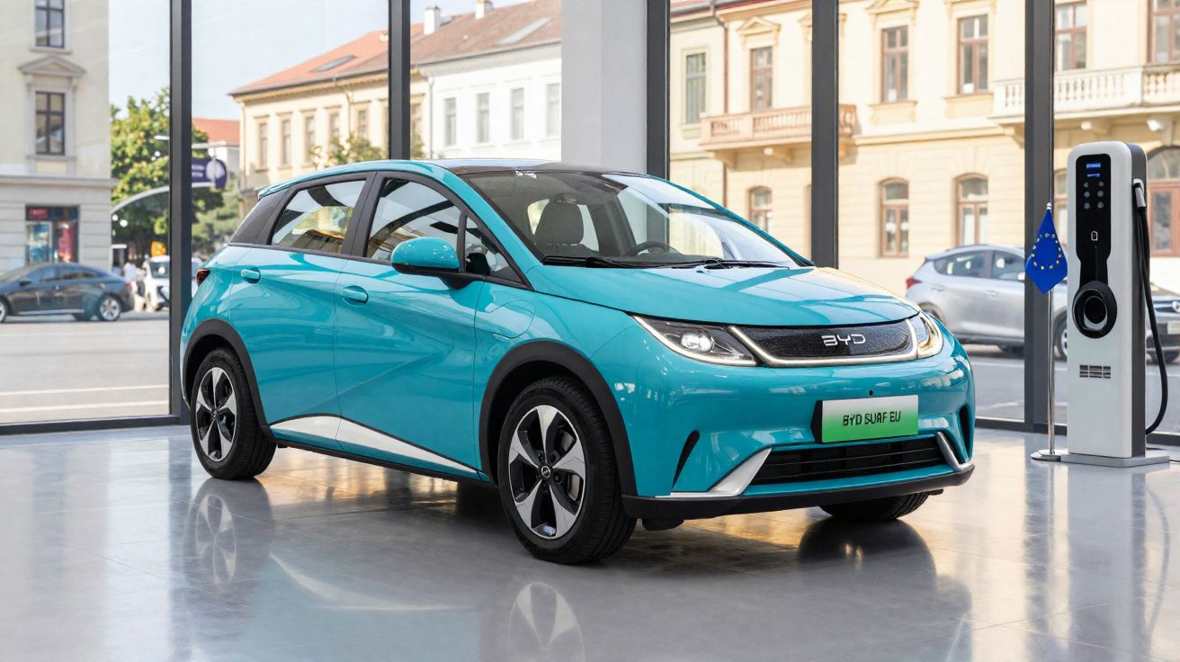 Carro elétrico azul BYD exibido em ambiente interno com carregador elétrico ao lado e vista urbana ao fundo.