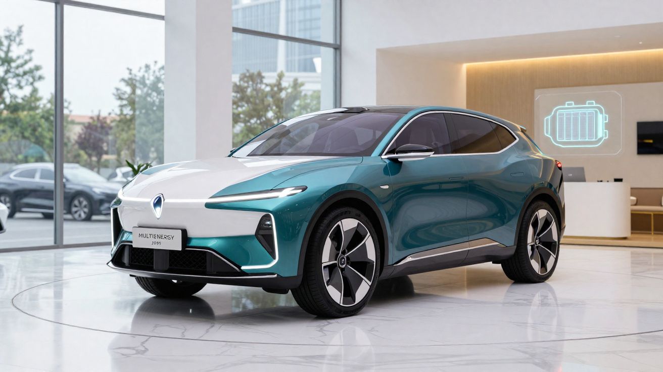 Carro elétrico azul e branco em showroom moderno com janelas grandes e decoração minimalista