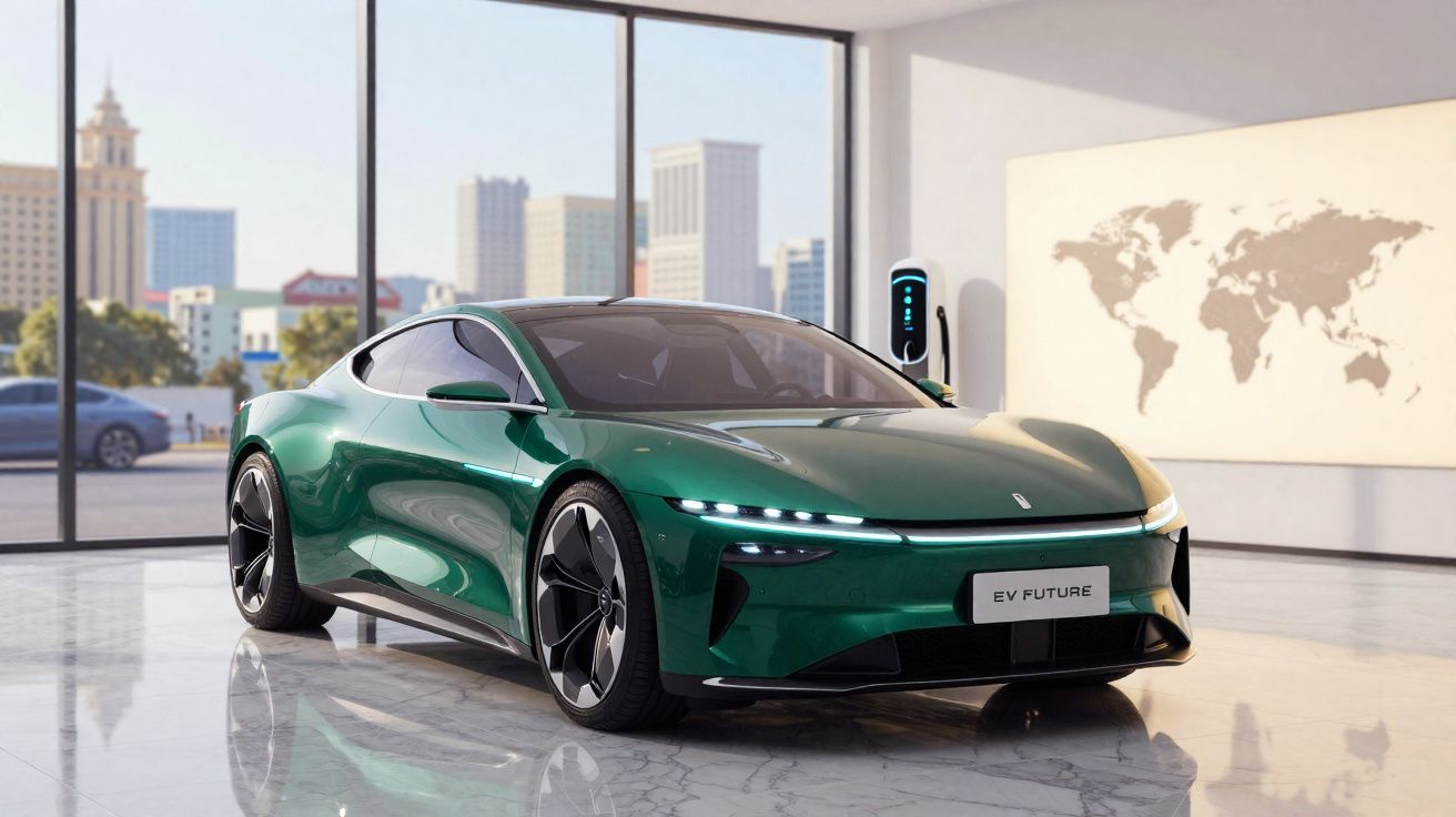 Carro esportivo elétrico verde carregando em estação dentro de prédio com vista urbana ao fundo.