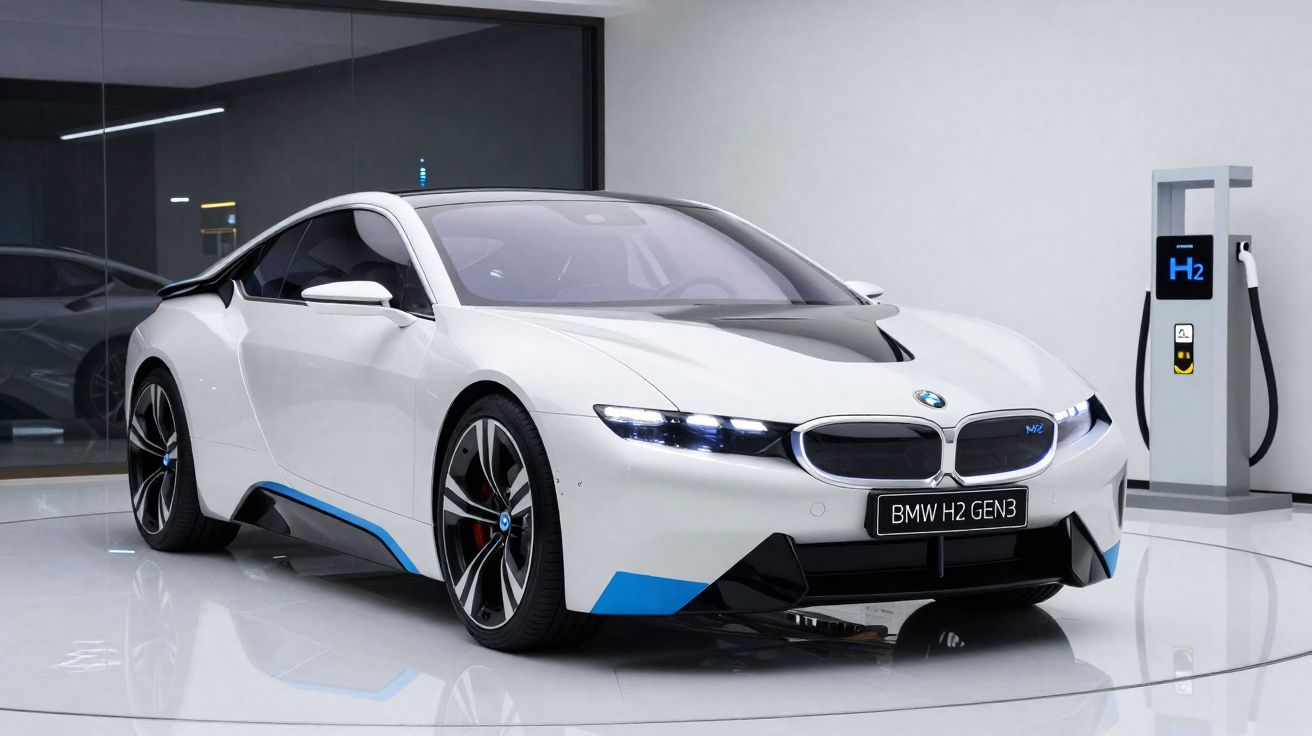 Carro esportivo branco BMW H2 Gen3 estacionado ao lado de um carregador de hidrogênio em ambiente moderno.