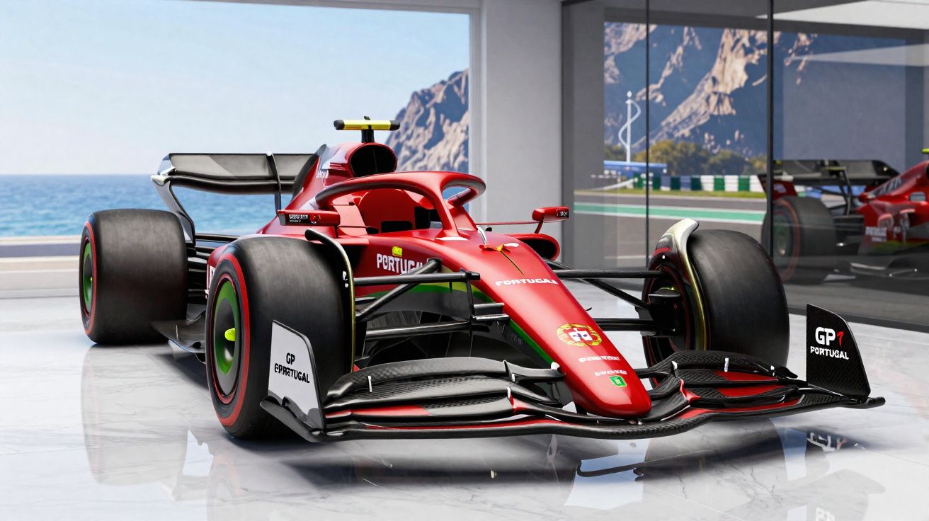 Carro de Fórmula 1 vermelho com detalhes verdes e logotipos de Portugal em garagem com vista para o mar e montanhas.